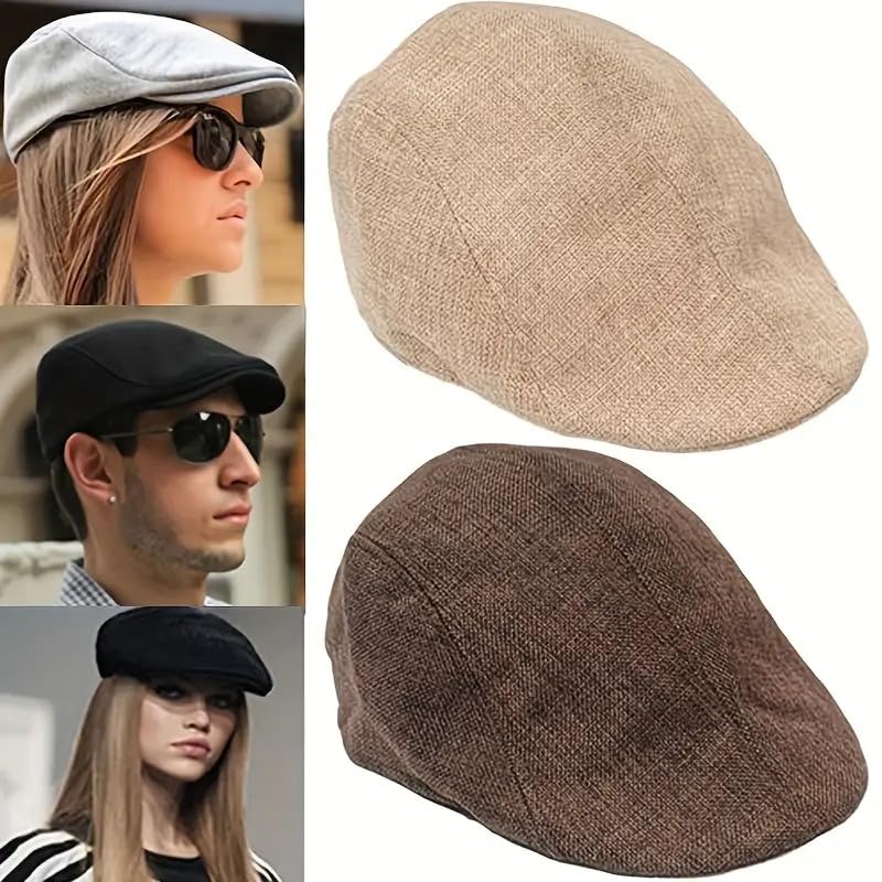 RR DESIGN Mens Thick Flax Beret Cap Newsboy Linen Hat Golf Hat Duckbill Cap- Summer Collections (Classic Flat -Beige, Free Size) - Image 2