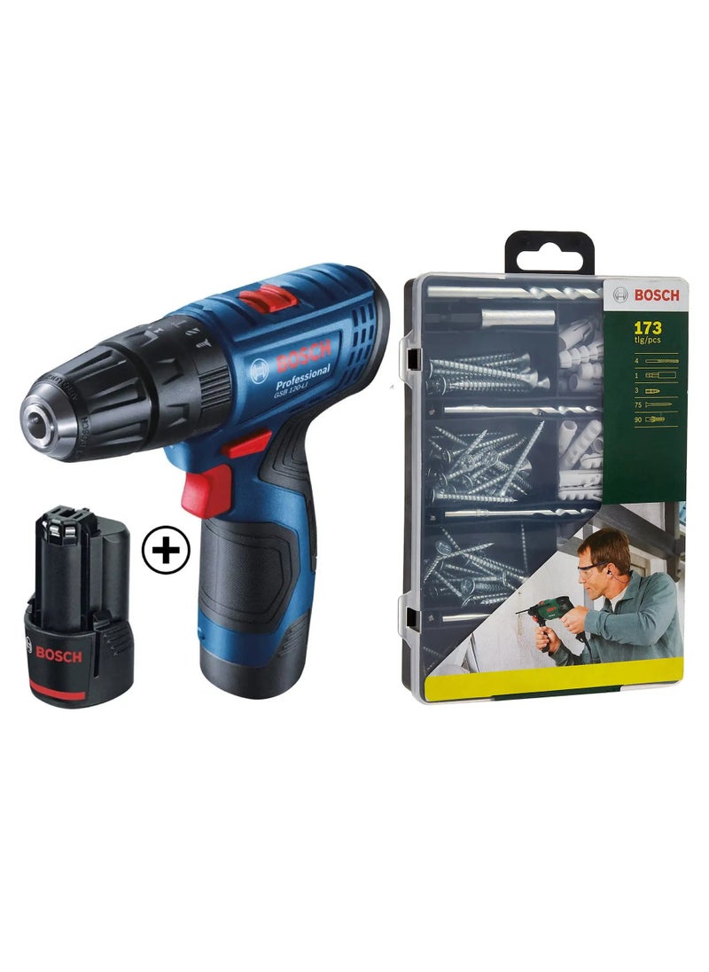 BOSCH Bosch Professional Cordless Combi Drill, GSB 120-LI (12 V) + Bosch Fixing Set (173 Pc.) Bundle 