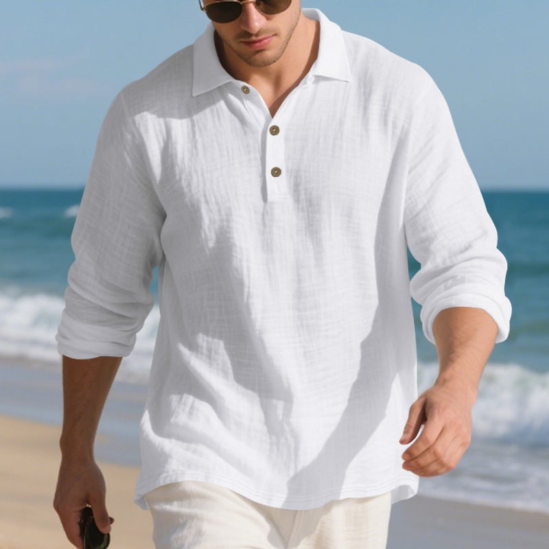 Men's Linen Button Long Sleeve Polo Shirt Casual Turn Down Collar - Image 2