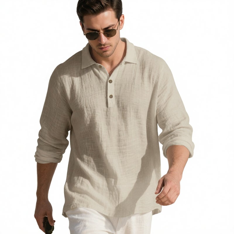 Men's Linen Button Long Sleeve Polo Shirt Casual Turn Down Collar - Image 1