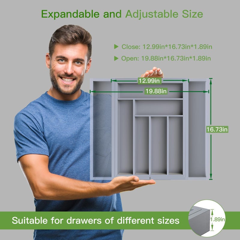 Pipishell Bamboo Expandable Drawer Organizer for Utensils Holder, Adjustable Cutlery Tray, Wood Drawer Dividers Organizer for Silverware, Flatware, Knives in Kitchen, Bedroom, Living Room(Grey) - Image 4