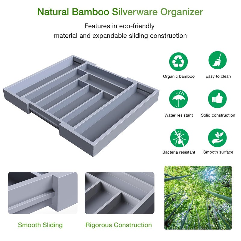 Pipishell Bamboo Expandable Drawer Organizer for Utensils Holder, Adjustable Cutlery Tray, Wood Drawer Dividers Organizer for Silverware, Flatware, Knives in Kitchen, Bedroom, Living Room(Grey) - Image 5