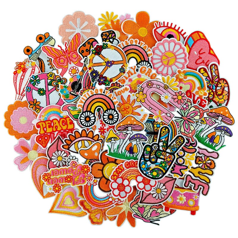 RF-patch 48Pcs Hippie Iron on Patches for Girl, Embroidered Boho Iron on/Sew on Patch for Clothes, Hats, Jeans, Dress, Backpacks, Etc - Image 1