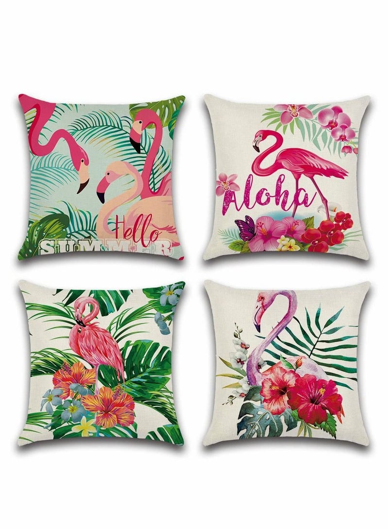 SYOSI Throw Pillow Covers Set of 4 Flamingo Pattern Tropical Flower Leaves Cotton Linen Cushion Pillow Cases Covers for Bed Chair Couch Sofa Bedroom Living Room Home Decor (18*18 inch, 4 Kinds of Patterns) - Image 1