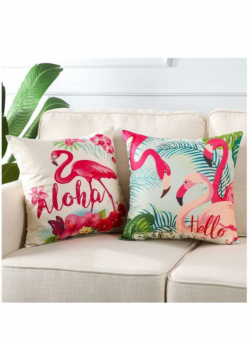 SYOSI Throw Pillow Covers Set of 4 Flamingo Pattern Tropical Flower Leaves Cotton Linen Cushion Pillow Cases Covers for Bed Chair Couch Sofa Bedroom Living Room Home Decor (18*18 inch, 4 Kinds of Patterns) - Image 2