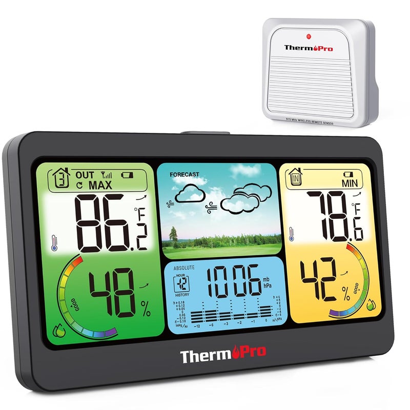ThermoPro TP280 1000 قدم محطات الطقس المنزلية اللاسلكية، مقياس حرارة داخلي وخارجي، محطات الطقس الداخلية والخارجية مع مستشعر مصنوع في سويسرا، مقياس حرارة بارومتر داخلي وخارجي مع توقعات - Image 1