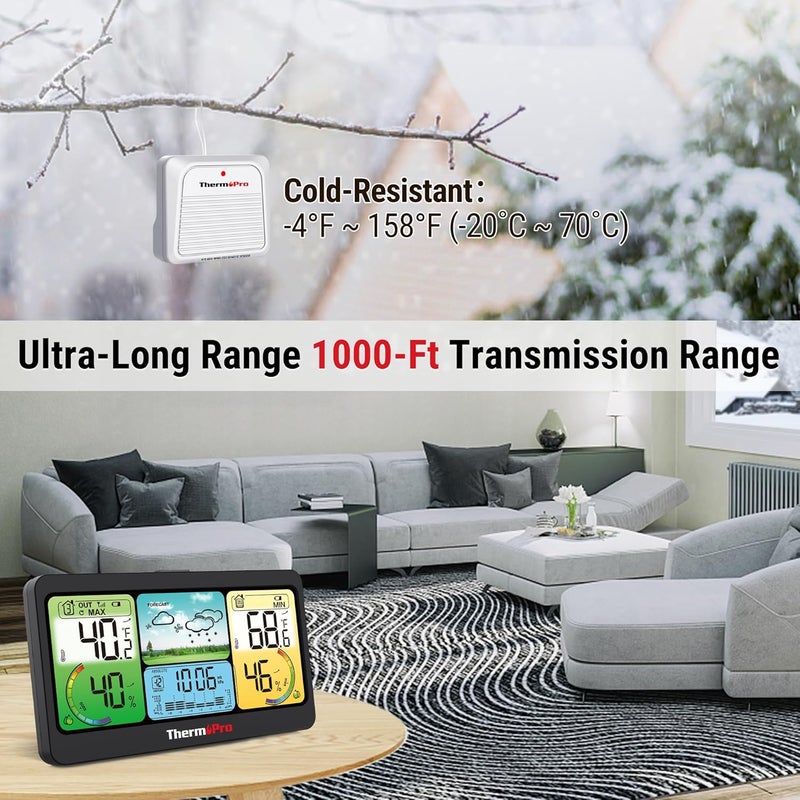 ThermoPro TP280 1000 قدم محطات الطقس المنزلية اللاسلكية، مقياس حرارة داخلي وخارجي، محطات الطقس الداخلية والخارجية مع مستشعر مصنوع في سويسرا، مقياس حرارة بارومتر داخلي وخارجي مع توقعات - Image 2