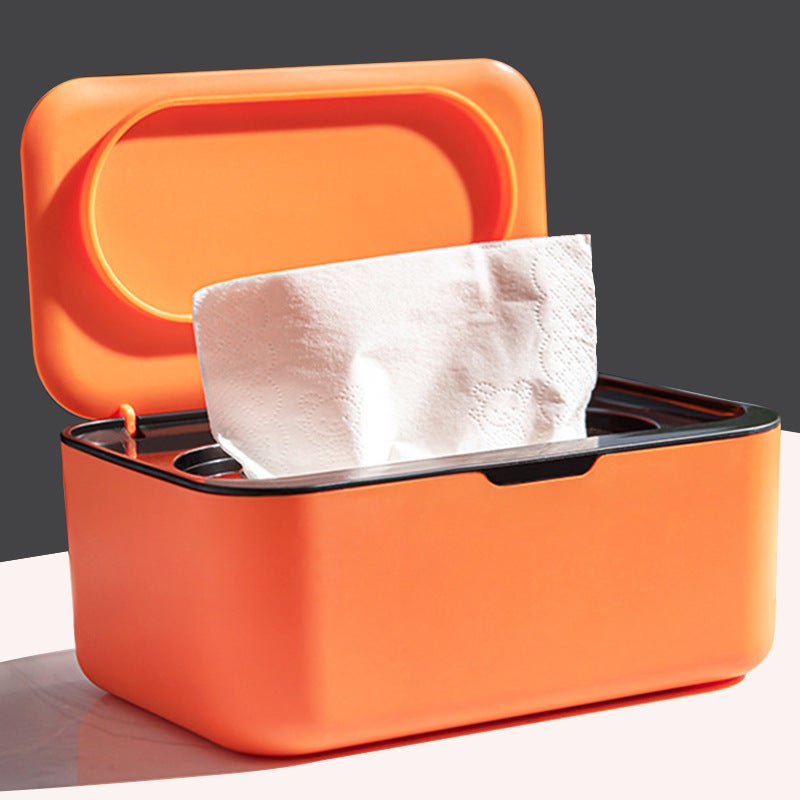 Dust-proof wet tissue box with lid household living room desktop coffee table tissue box mask storage box napkin organizing box(White Orange) - Image 2