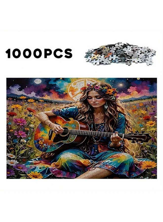 1000 Pcs Hippie Girl In Flower Field Colorful Guitar Jigsaw Puzzle For Adults - Image 1