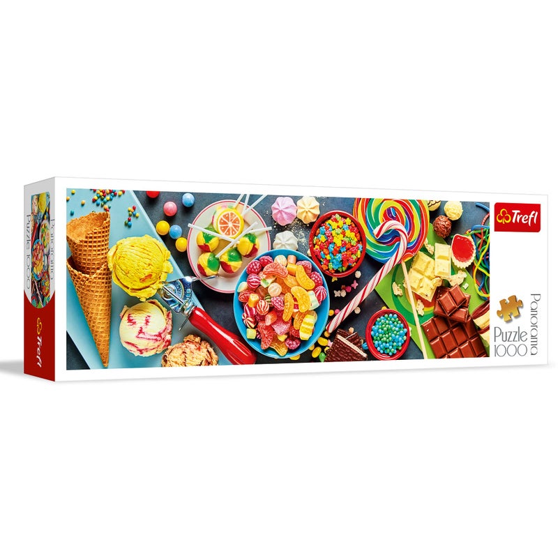 Trefl Panorama Sweet Delights 1000 Piece Jigsaw Puzzle Red 38"x13" Print, DIY Puzzle, Creative Fun, Classic Puzzle for Adults and Children from 14 Years Old - Image 1