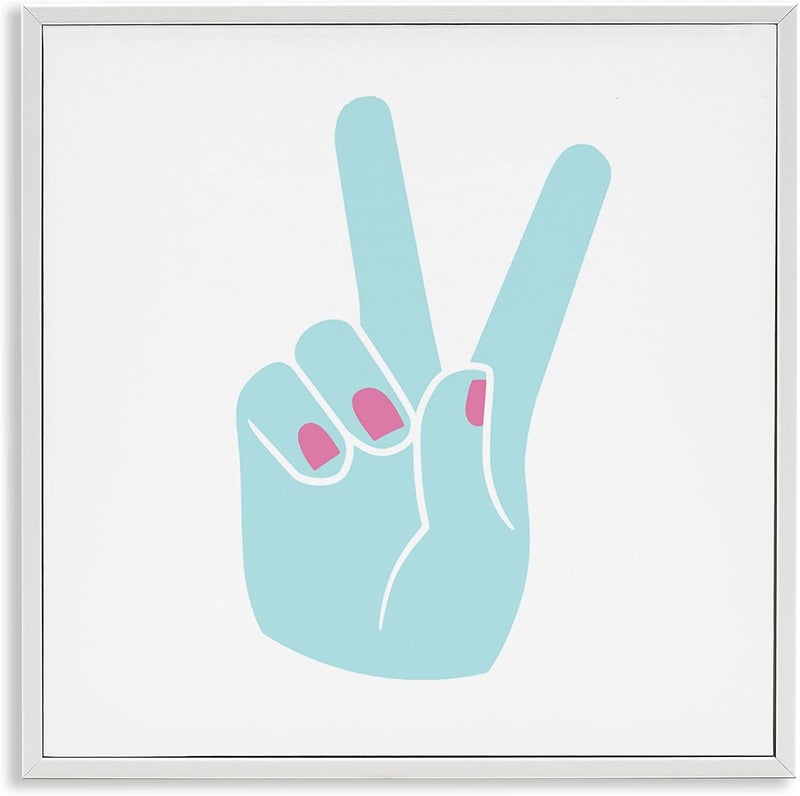 Stupell Industries Peace Hand Teal with Pink Nail Polish, Design by Daphne Polselli White Framed Wall Art, 12x12, Blue