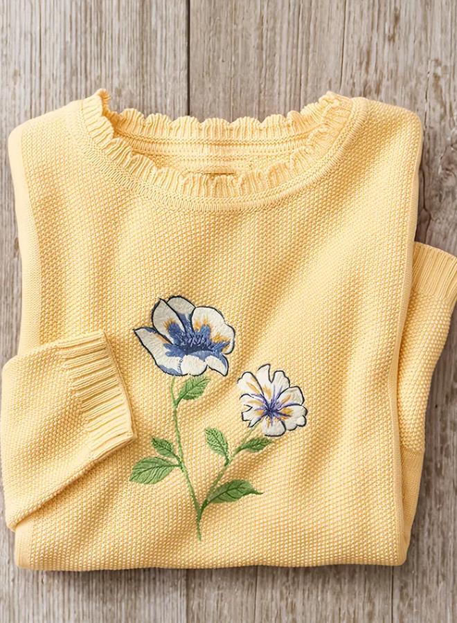 Take Two Plus Size Embroidered Flower Textured Knit Sweater - Image 4