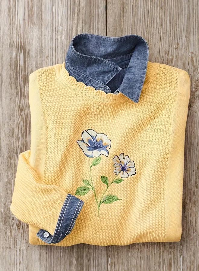 Take Two Plus Size Embroidered Flower Textured Knit Sweater - Image 1