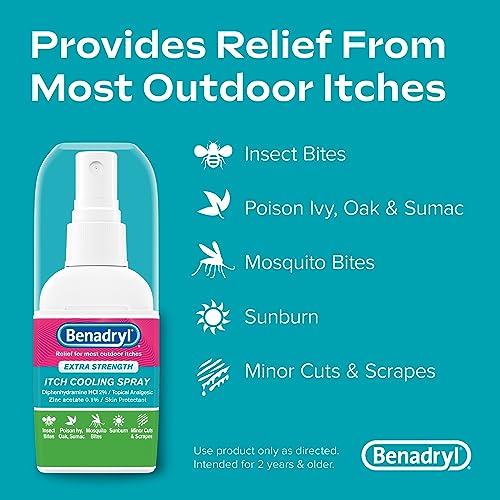 Benadryl Extra Strength Itch Cooling Spray, Topical Analgesic Spray with Diphenhydramine HCI & Zinc Acetate Skin Protectant for Fast Relief from Insect Bites, Travel Size, 2 fl. oz - Image 3