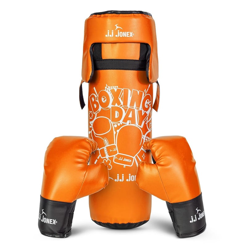 Jonex طقم كيس ملاكمة للأطفال من JJ Sports - كيس ملاكمة ثقيل، قفازات، MMA، معدات تدريب في المنزل وفنون القتال | للأولاد والبنات من عمر 3 4 5 6 7 8 سنوات | لون برتقالي | - Image 1
