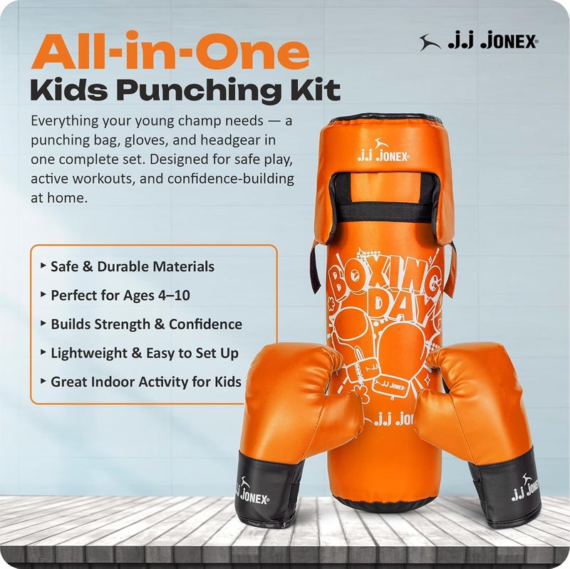 Jonex طقم كيس ملاكمة للأطفال من JJ Sports - كيس ملاكمة ثقيل، قفازات، MMA، معدات تدريب في المنزل وفنون القتال | للأولاد والبنات من عمر 3 4 5 6 7 8 سنوات | لون برتقالي | - Image 2
