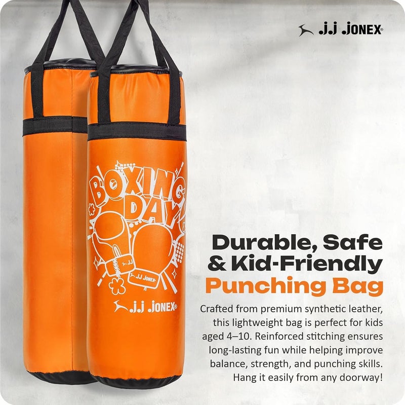 Jonex طقم كيس ملاكمة للأطفال من JJ Sports - كيس ملاكمة ثقيل، قفازات، MMA، معدات تدريب في المنزل وفنون القتال | للأولاد والبنات من عمر 3 4 5 6 7 8 سنوات | لون برتقالي | - Image 3