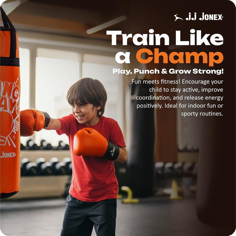 Jonex طقم كيس ملاكمة للأطفال من JJ Sports - كيس ملاكمة ثقيل، قفازات، MMA، معدات تدريب في المنزل وفنون القتال | للأولاد والبنات من عمر 3 4 5 6 7 8 سنوات | لون برتقالي | - Image 5