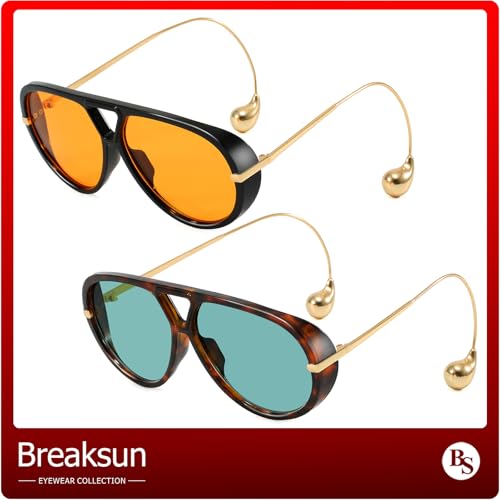 Breaksun Women's Oversized Aviator Sunglasses Retro Trendy Shield Sun Glasses Big Orange lens Vintage Shades (Black Orange+Tortoise/Green) - Image 4