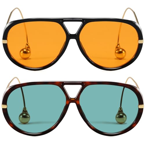 Breaksun Women's Oversized Aviator Sunglasses Retro Trendy Shield Sun Glasses Big Orange lens Vintage Shades (Black Orange+Tortoise/Green) - Image 1