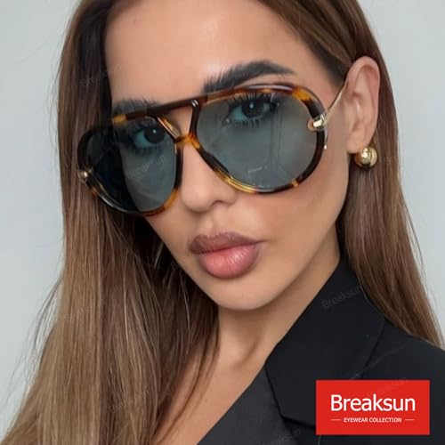 Breaksun Women's Oversized Aviator Sunglasses Retro Trendy Shield Sun Glasses Big Orange lens Vintage Shades (Black Orange+Tortoise/Green) - Image 3