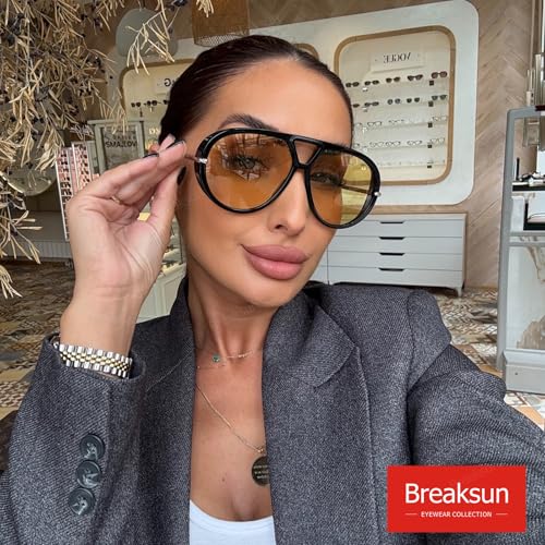Breaksun Women's Oversized Aviator Sunglasses Retro Trendy Shield Sun Glasses Big Orange lens Vintage Shades (Black Orange+Tortoise/Green) - Image 2