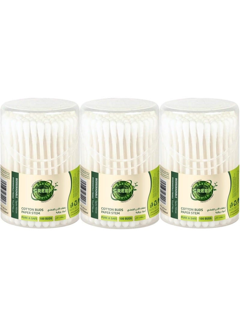 EARTH GREEN CHOICE Earth Choice Biodegradable Cotton Buds Paper Stem – Set of 3 × 100 Buds (300 Pcs Total) | Pure & Safe Ear Cleaning Sticks | Eco-Friendly & Recyclable