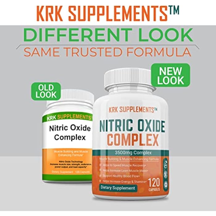 KRK SUPPLEMENTS 1 Bottle Nitric Oxide Complex 3500mg Per Serving L-Arginine HCL AAKG AKG Alpha Ketoglutarate Citrulline Malate 120 Capsules - Image 2