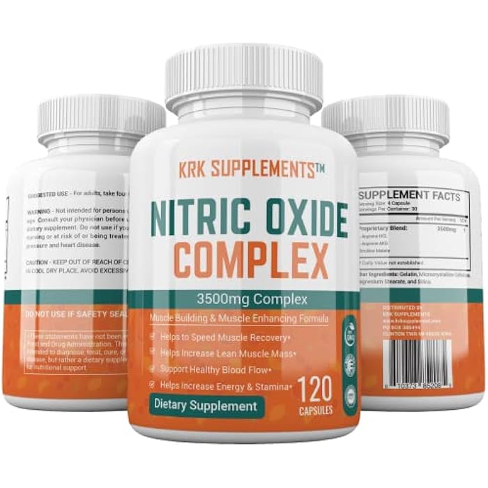 KRK SUPPLEMENTS 1 Bottle Nitric Oxide Complex 3500mg Per Serving L-Arginine HCL AAKG AKG Alpha Ketoglutarate Citrulline Malate 120 Capsules - Image 3