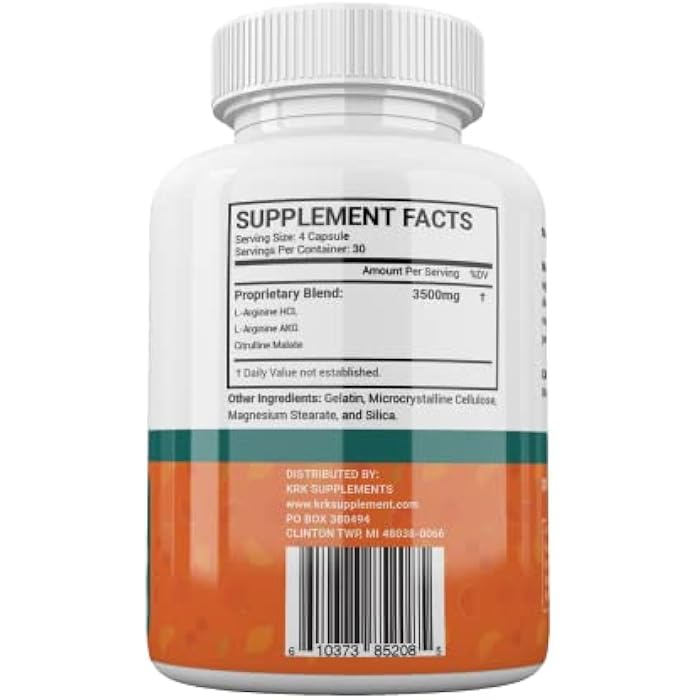 KRK SUPPLEMENTS 1 Bottle Nitric Oxide Complex 3500mg Per Serving L-Arginine HCL AAKG AKG Alpha Ketoglutarate Citrulline Malate 120 Capsules - Image 5