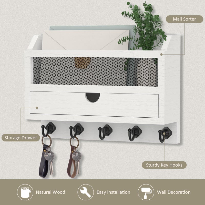 Nekon Key and Mail Holder for Wall, Key Organizer with 5 Hooks & Storage Drawer, 11" W x 7.9" H x 3.1" D Wooden Key Rack for Entryway and Home Decor (White) - Image 2
