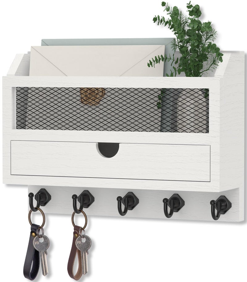 Nekon Key and Mail Holder for Wall, Key Organizer with 5 Hooks & Storage Drawer, 11" W x 7.9" H x 3.1" D Wooden Key Rack for Entryway and Home Decor (White) - Image 1