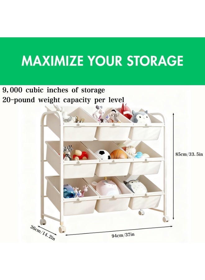 Neonix Three-tier children's toy storage unit with nine removable compartments, serving as both a toddler bookshelf and toy organiser. This contemporary toy rack is ideal for children's bedrooms, playrooms and nurseries. - Image 2