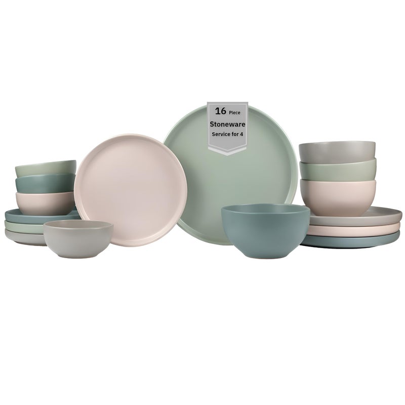 Sango 16-Piece Stoneware Dinnerware Set for 4, Satin Glazed Plates and Bowls Sets with Matte Finish, Ceramic Dish Set, Durable Kitchen Dishes, Microwave & Dishwasher Safe Dining, Rollo Artist's Blend - Image 1