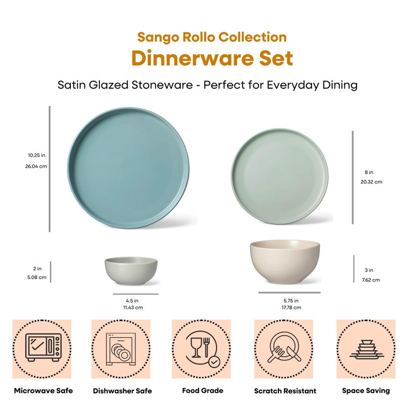 Sango 16-Piece Stoneware Dinnerware Set for 4, Satin Glazed Plates and Bowls Sets with Matte Finish, Ceramic Dish Set, Durable Kitchen Dishes, Microwave & Dishwasher Safe Dining, Rollo Artist's Blend - Image 2