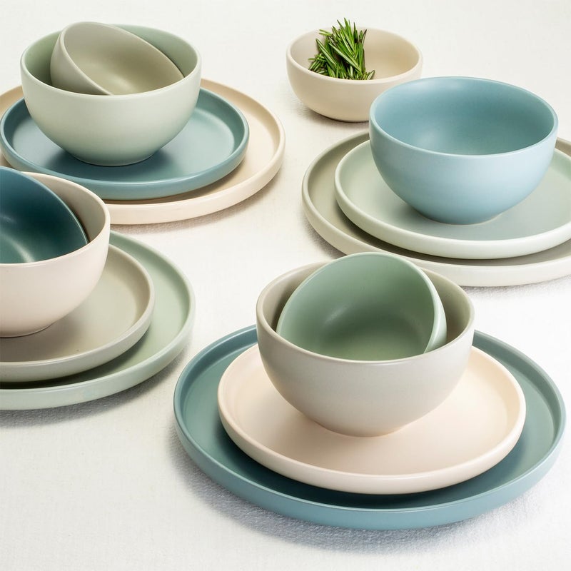 Sango 16-Piece Stoneware Dinnerware Set for 4, Satin Glazed Plates and Bowls Sets with Matte Finish, Ceramic Dish Set, Durable Kitchen Dishes, Microwave & Dishwasher Safe Dining, Rollo Artist's Blend - Image 4