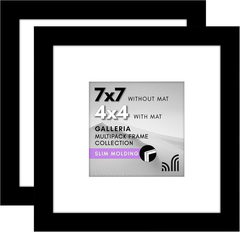 Americanflat 7x7 Picture Frame with Polished Plexiglass - Set of 2 - Use as 4x4 Frame with Mat or Display 7x7 Photo Without Mat - Galleria Collection - Square Frames for Tabletop and Wall - Black - Image 1