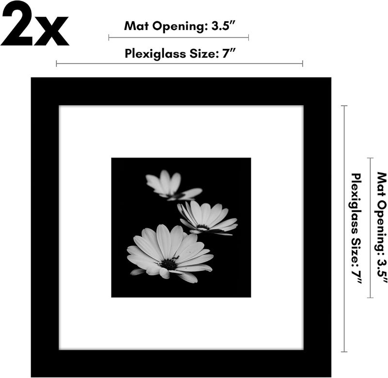 Americanflat 7x7 Picture Frame with Polished Plexiglass - Set of 2 - Use as 4x4 Frame with Mat or Display 7x7 Photo Without Mat - Galleria Collection - Square Frames for Tabletop and Wall - Black - Image 2