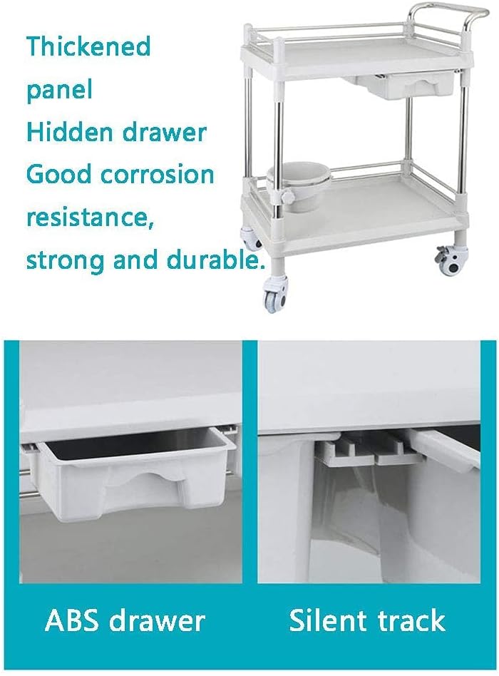 Multifunctional Storage Trolley,Household Serving Cart 2-Shelf Beauty Hair Salon Spa Trolley Laboratory Cart with Handle One Drawer,Steel Abs Utility Tool Cart Movable Hand Trucks,S - Image 3