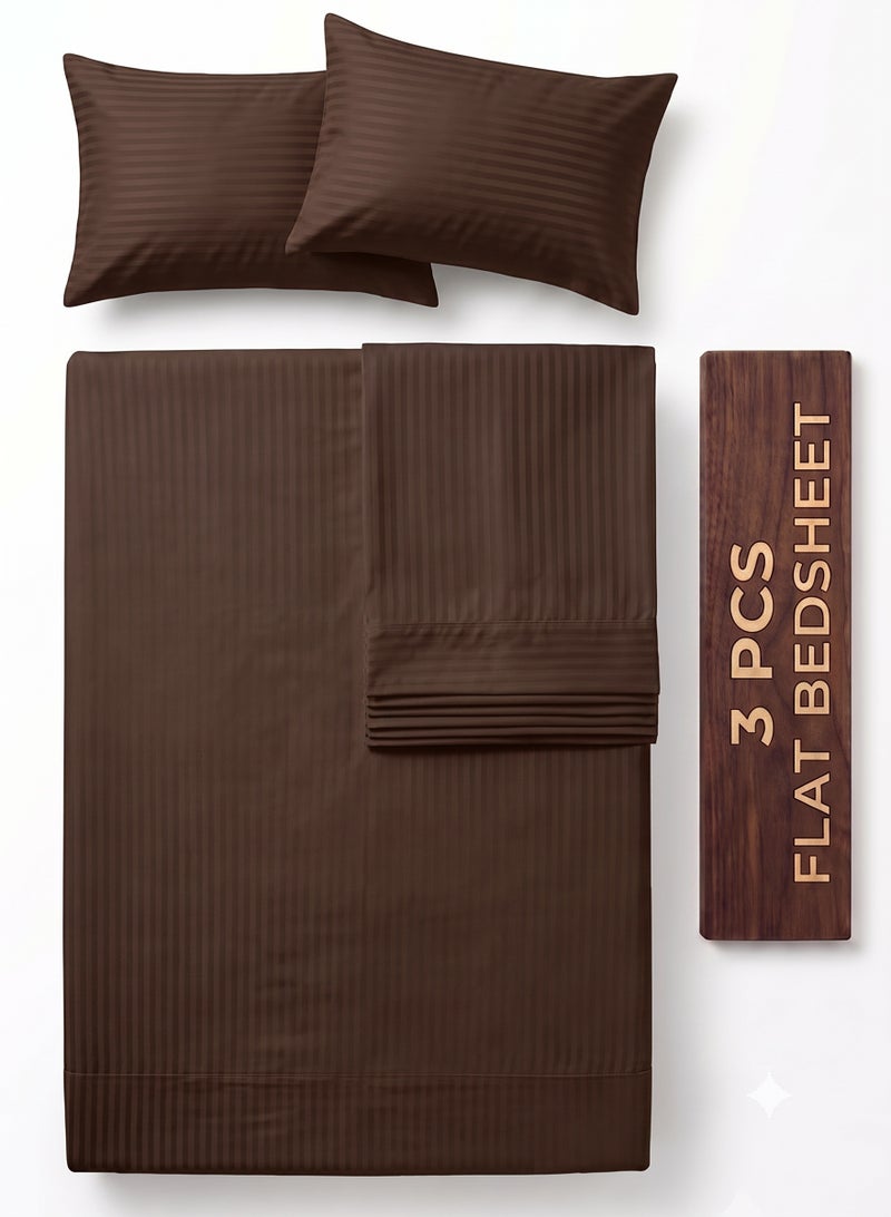 ZEESQUARE 3 PCS Brown Stripe Flat Bed Sheet Set – Premium Soft Microfiber Bedding Set with 1 Flat Bed Sheet & 2 Pillow Covers | Hotel Collection Wrinkle Resistant Bedding for Home, Hotel & Guest Room - Image 1
