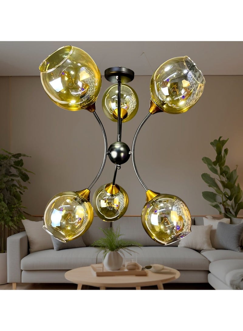 Modern metal chandelier, 6 crescent-shaped bulbs