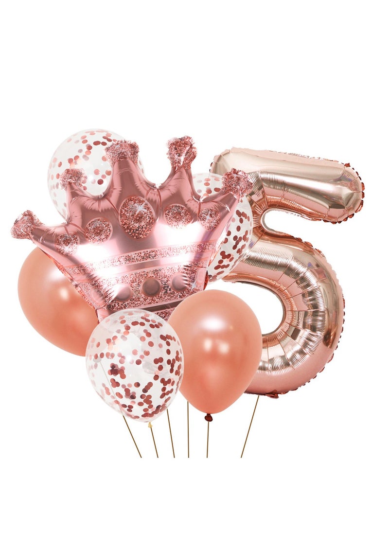 Party 8-piece set for 5th birthday party anniversary decoration party supplies including rose gold number 5 balloons, rose gold crown foil balloon set, 12-inch sequin balloons, 12-inch rose gold balloons 