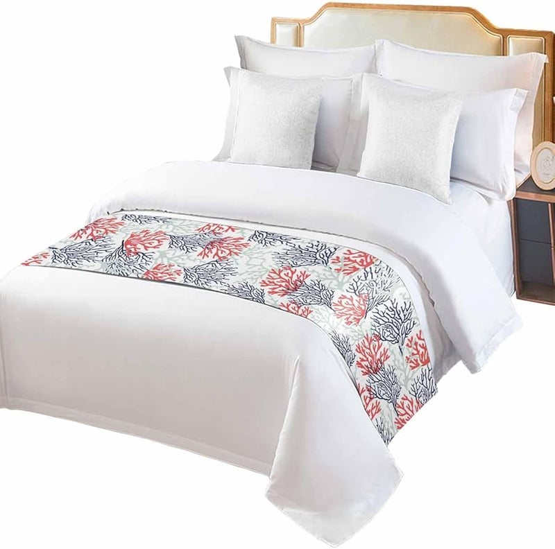 Coastal Bed Runner 102x20 Inches for California King Bed Red Navy Blue Coral Beach Throw - Image 1
