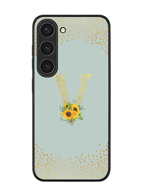 Rugged Black edge case for Samsung Galaxy S23 5G Slim fit Soft Case Flexible Rubber Edges Anti Drop TPU Gel Thin Cover - Custom Monogram Initial Letter Floral Pattern Alphabet - V (Light Grey )