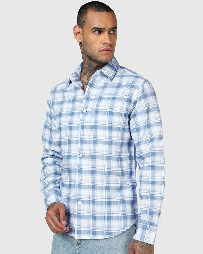 bewakoof Men's White & Blue Checked Shirt