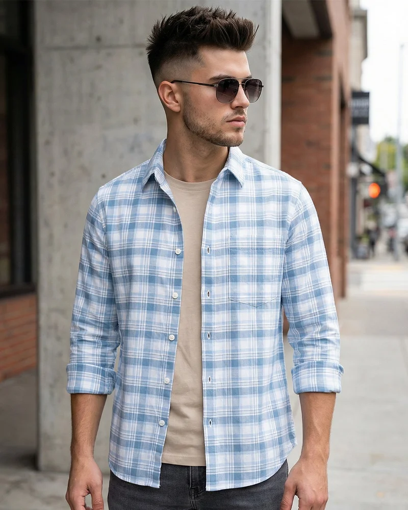 bewakoof Men's White & Blue Checked Shirt
