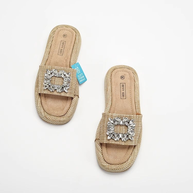 Women's Raffia Slides with Crystal Square Buckle - Image 5