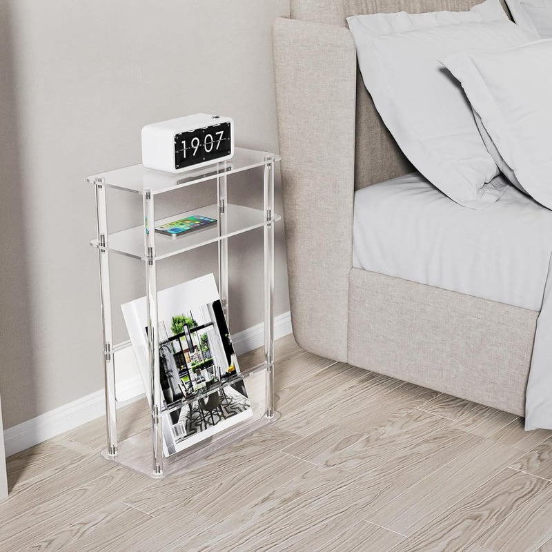 HMYHUM Acrylic Narrow End Table for Small Spaces with Magazine Holder, Slim Side Small Nightstand/Bedside Table for Living Room, Bedroom, 3 Tier, 15.7" L x 7" W x 23" H, Clear - Image 5