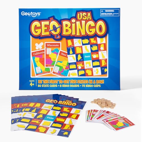 GeoToys GeoBingo USA Bingo for Kids Ages 4 and Up Geography Game for Home School or Camp Fun Kids Educational Game Bingo Games for Family Play and Learn States and Capitals of the USA - Image 1