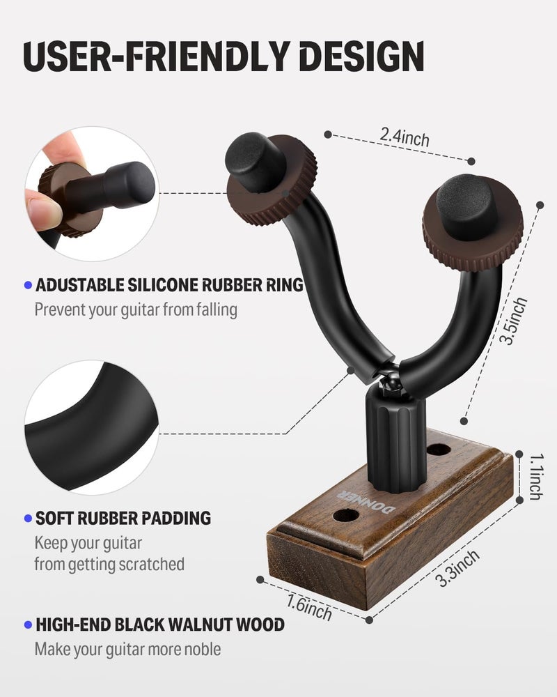 Donner Guitar Wall Mount Hanger 3 Pack, Guitar Wall Holder Black Walnut for Acoustic Electric Guitars, Bass, Folk Ukulele, Violin, Mandolin Banjo and String Instruments - Image 2
